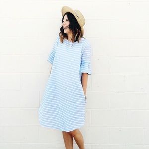 ROOLEE ruffle sleeve striped midi dress light blue